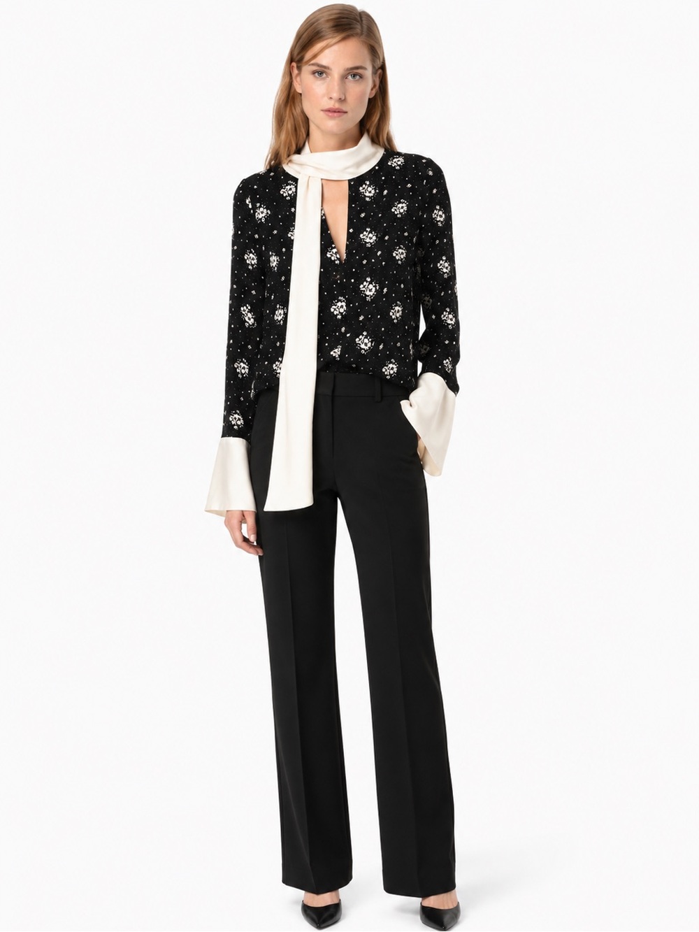 Cinq à Sept Stardust Rowan Silk Floral Tie Neck Blouse Black Ivory XS